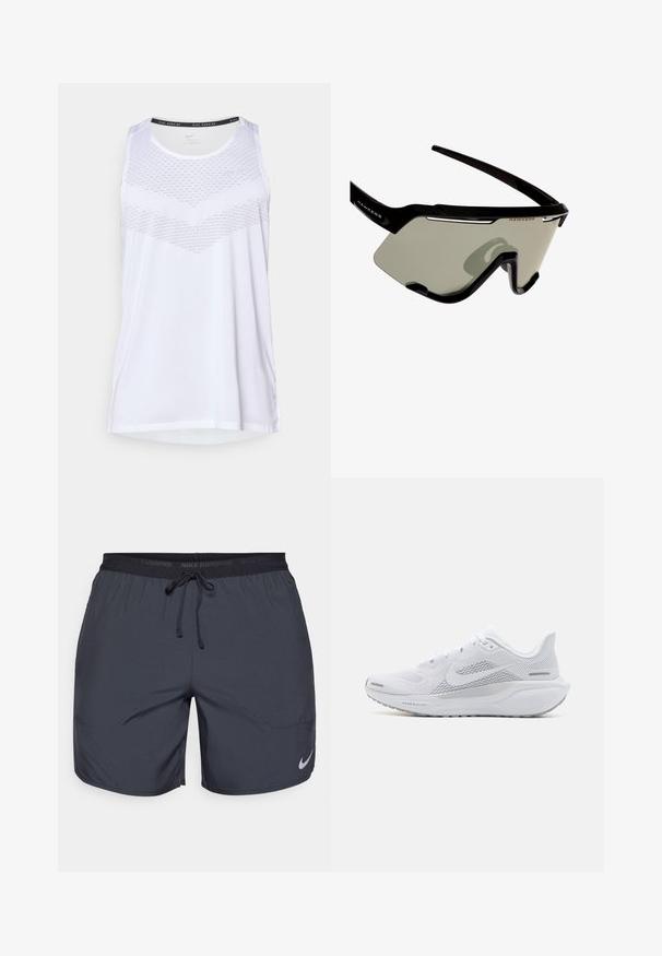 Hvid trænings tanktop med rund halsudskæring, der har et tekstureret mønster over brystet og åndbart materiale. Uden ærmer.; Nike løbeshorts i mørkegrå, med elastisk talje og snor samt en sølvlogoaccent på den nederste højre ben.; Hvide atletiksko med en overdel i mesh, glatte teksturerede overlejringer, grå accenter, snørebånd og en polstret sål designet til ydeevne.; Sorte sports solbriller med wraparound-design, udstyret med store grå linser og en robust ramme med hvide accenter og logo.