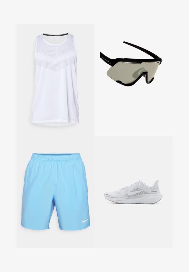 Balts sporta topiņš ar apaļu kakla izgriezumu, ar teksturētu rakstu uz krūtīm un elpojošu materiālu. Bezdarbu dizains.; Nike Performance CHALLENGER SHORT - Sporta šorti - university blue/black/reflective silver; Baltā sporta apava ar sieta augšdaļu, gludām tekstūras aplikācijām, pelēkiem akcentiem, šņorēm un amortizētu zoli, kas izstrādāta veiktspējai.; Melnas sporta saulesbrilles ar apvācojošu dizainu, kas aprīkotas ar lieliem pelēkiem lēcām un izturīgu rāmi ar baltām akcents un logotipu.