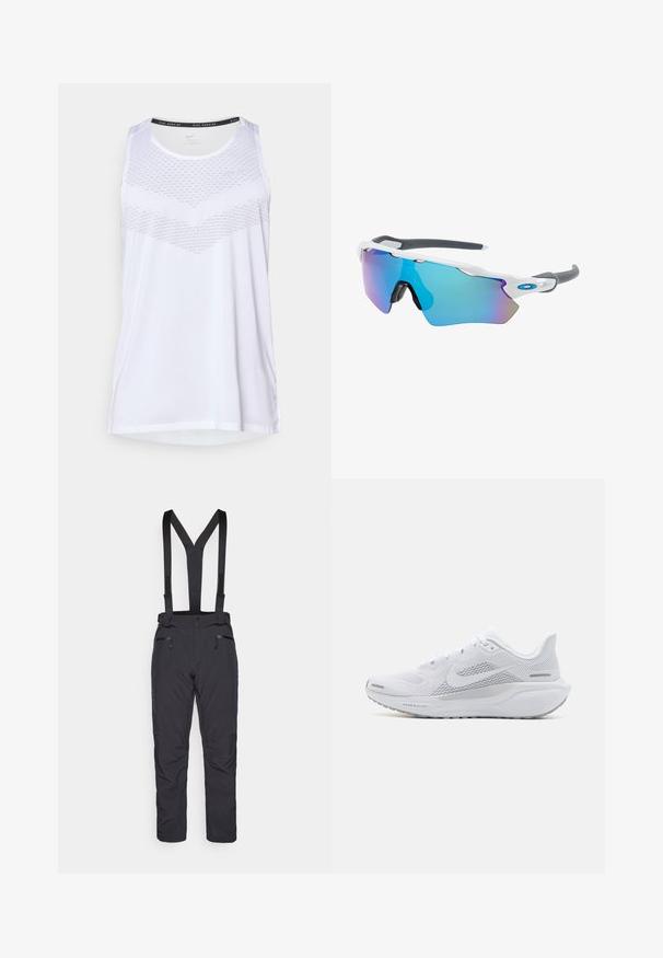 White athletic tank top with a round neckline, featuring a textured pattern across the chest and breathable material. Sleeveless design.; Black ski pants with adjustable straps, two front zippered pockets, and a slim cut design. Made of durable, water-resistant material.; White athletic shoe with a mesh upper, smooth textured overlays, grey accents, laces, and a cushioned sole designed for performance.; Sunglasses with a white frame, gray accents, and blue mirrored lenses. Sporty design, wraparound shape, and adjustable nose pads.