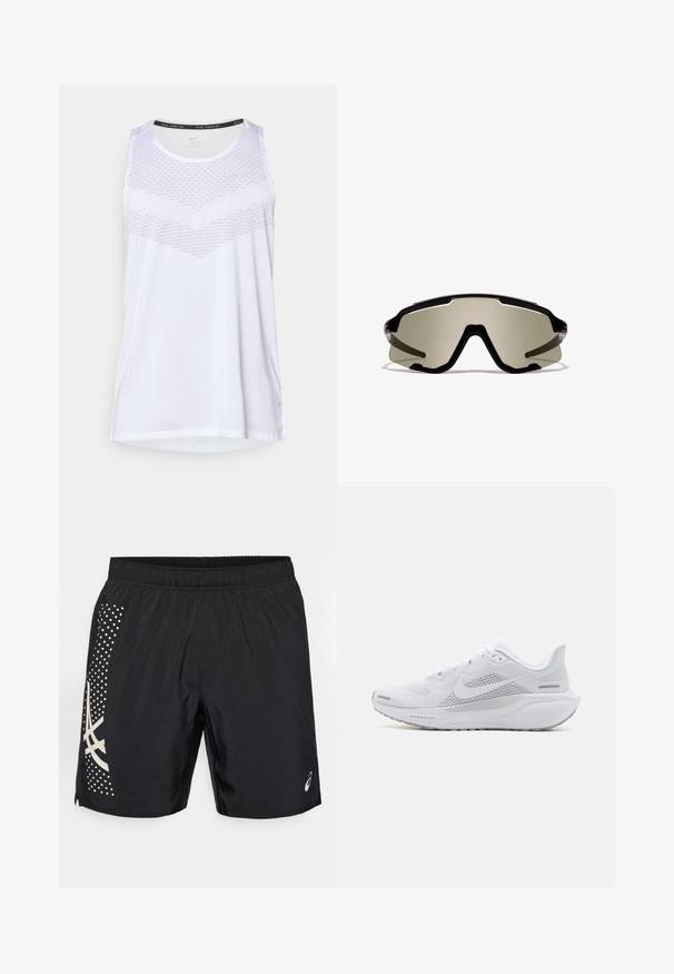 Tricou sportiv alb fără mâneci, cu guler rotund, având un model texturat pe piept și un material respirabil. Design fără mâneci.; Pantaloni scurti sport negri, realizați din material ușor, cu un design lateral cu model și un brâu elastic pentru confort.; Pantofii sport albi cu un superior din plasă, suprapărți cu textură netedă, accente gri, șireturi și o talpă căptușită, concepuți pentru performanță.; Ochelari de soare sport negri cu lentile mari de tip wraparound, cu tentă verde, design unghiular și accente laterale transparente. Branding vizibil în partea de sus.