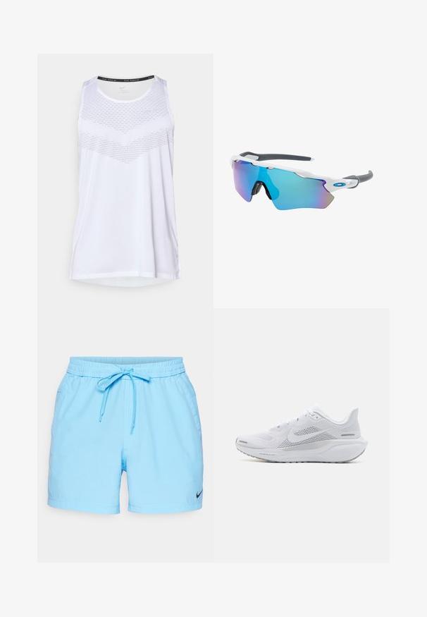 T-shirt atlético branco sem mangas, com decote redondo, apresentando um padrão texturizado na área do peito e material respirável.; Calções de desporto azul claro com um cós elástico e cordão ajustável. Inclui bolsos laterais e um pequeno logótipo preto da Nike na barra.; Sapatilha atlética branca com parte superior em malha, sobreposições de textura suave, detalhes em cinza, atacadores e sola acolchoada projetada para desempenho.; Óculos de sol com uma armação branca, detalhes cinzas e lentes espelhadas azuis. Design desportivo, forma envolvente e almofadas do nariz ajustáveis.