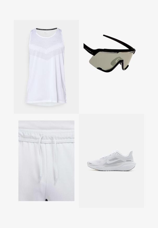 Hvid trænings tanktop med rund halsudskæring, der har et tekstureret mønster over brystet og åndbart materiale. Uden ærmer.; Hvide atletiske shorts med en mesh-linning, justerbare snoretræk og et blødt, struktureret stof med synlige syninger.; Hvide atletiksko med en overdel i mesh, glatte teksturerede overlejringer, grå accenter, snørebånd og en polstret sål designet til ydeevne.; Sorte sports solbriller med wraparound-design, udstyret med store grå linser og en robust ramme med hvide accenter og logo.