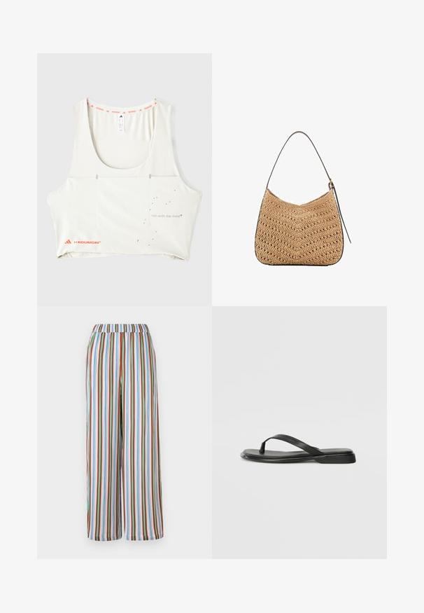 Débardeur de sport blanc avec un décolleté rond, bord orange marqué, et texte métallique imprimé "cours avec l'esprit". Présente des éléments de design minimalistes.; Pantalons larges à rayures avec une taille élastique. Comprend des rayures verticales colorées en bleu, rouge, vert et blanc sur un tissu léger.; Tongs noires en cuir lisse, avec un design de sangle fine et une semelle plate à profil minimal. Aucun motif ou accent notables.; Sac en paille tissé à la forme incurvée, avec une sangle en cuir noir et une surface texturée avec un motif en chevrons.; Des boucles d'oreilles en or, présentant des formes texturées irrégulières, ornées de pierres précieuses vertes et de perles blanches, fixées avec des fermoirs clip-on.