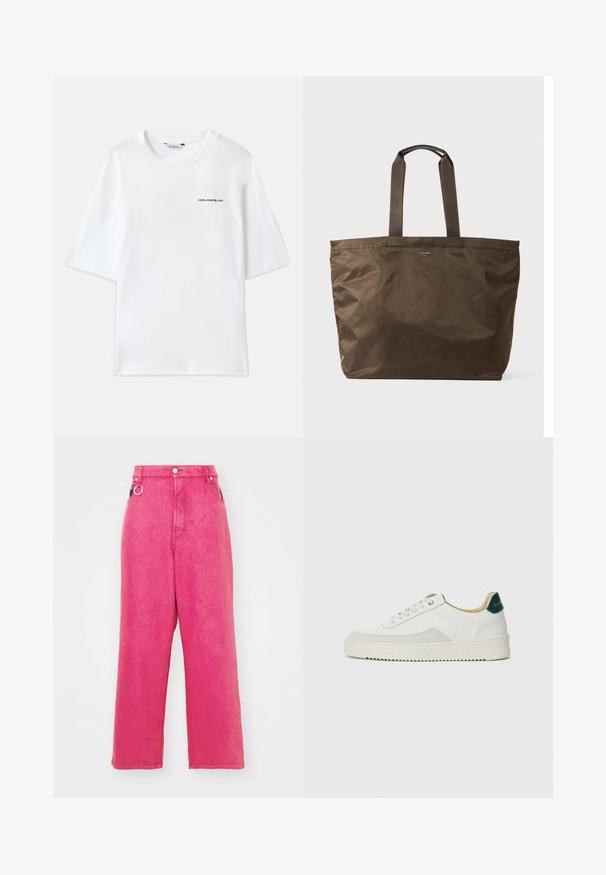 Bílý bavlněný tričko s krátkým rukávem, kulatým výstřihem a malým hnědým logem "Holzweiler" na přední straně. Hladká textura, volný střih.; Růžové široké džínové kalhoty s vysokým pasem, vyrobené z denimu, s knoflíkovým a zipovým zapínáním, poutky na pásek a dekorativním kroužkovým detailem.; Bílé tenisky se semišovými prvky, kulatou špičkou, plochými tkaničkami a krémovou gumovou podrážkou. Na patě mají zelené logo.; Hnědá nylonová taška přes rameno se dvěma textilními rukojetmi a hladkým povrchem. Má minimální branding na přední straně.