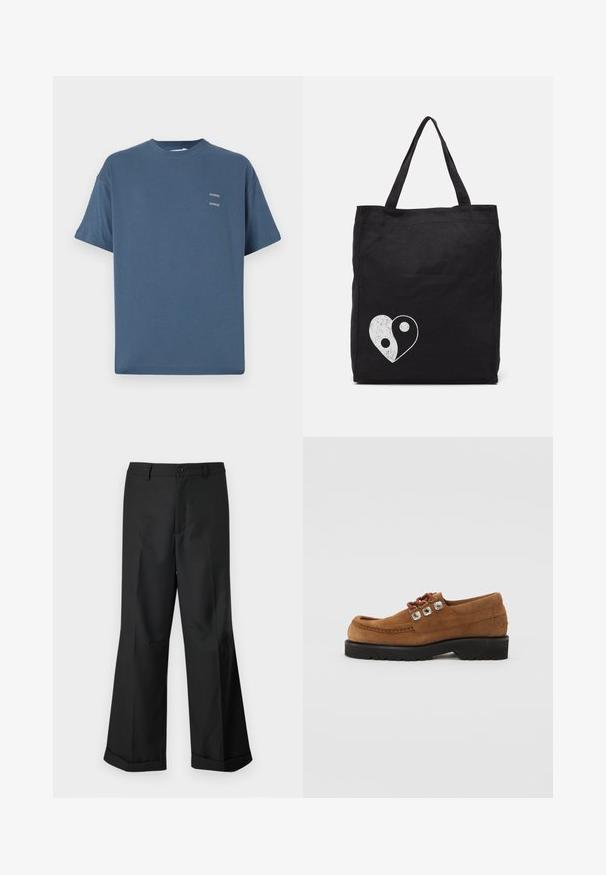Sinine puuvillane T-särk klassikalise ümmarguse kaelusega, lühikeste varrukatega, vabalt istuv ning kahel väikesel prinditud logol rinnal. Sile tekstuur.; Mustad laiad püksid nupuga vöökoha ja cuffidega hemmed, esitatud lihtsa valge tausta taustal.; Pruunist vegan nahast kingad ümarate varvastega, pehmendusega kaeluse ja dekoratiivsete hõbedaste silmadega. Must kummist talla hea haarduvuse ja stabiilsuse tagamiseks.; Must must kott, mis on valmistatud kangast, millel on valge yin-yang südame graafika. Kaks tugevat sangast, et hõlbustada kandmist. Lihtne ristküliku kujuline disain.