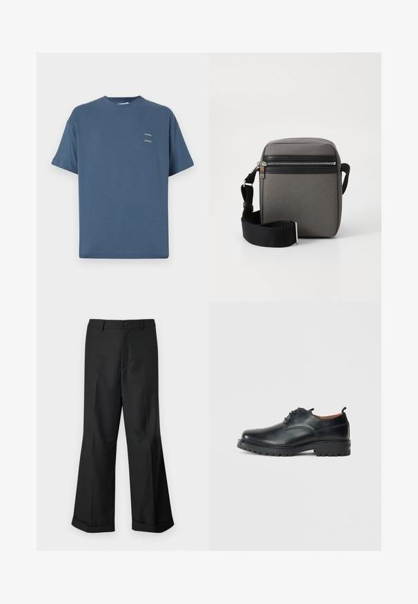 Blue cotton t-shirt with a classic crew neck, short sleeves, relaxed fit, and two small printed logos on the chest. Smooth texture.; Black wide-leg trousers with buttoned waistband and cuffed hems, displayed against a plain white background.; Black leather derby shoes with a smooth texture, rounded toe, lace-up design, and a thick, rugged rubber sole.; Gray fabric crossbody bag with a black zippered pocket, adjustable strap, and rectangular shape. Features a smooth texture and metal hardware.