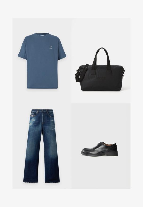 Blue cotton t-shirt with a classic crew neck, short sleeves, relaxed fit, and two small printed logos on the chest. Smooth texture.; Wide-leg denim jeans in dark blue with faded areas, distressed detailing, and frayed hems. Four pockets and a button closure.; Black leather dress shoe with a rounded toe, smooth surface, lace accents, and a low, textured rubber sole. Clean lines and minimal design.; Black nylon duffel bag with two top handles and a detachable shoulder strap. Features embossed logo and smooth texture with zip closure.