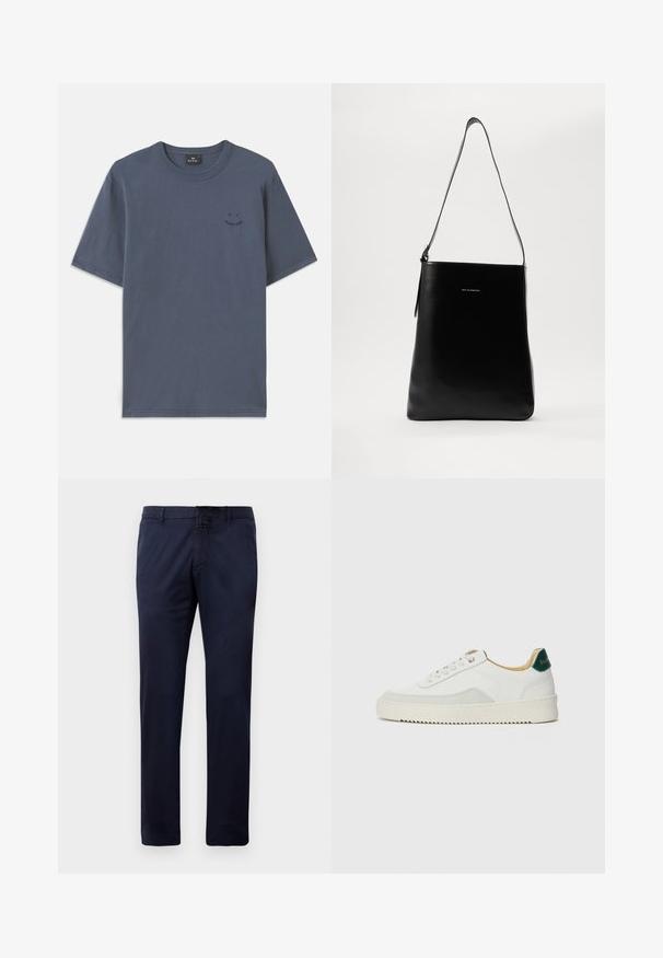 Temno modra kratkotrajna majica iz bombaža z okroglo ovratnikom in majhnim črnim grafičnim detajlom na prsih. Ohlapen kroj z ravnim robom.; Temno modri hlače ravnega kroja z zankami za pas, sprednjim gumbom in stranskimi žepi, prikazane na beli podlagi.; Bela trenerka z zaključki iz semiša, okroglo konico, ravne vezalke in kremna gumijasta podplata. Ima zeleno blagovno znamko na peti.; Črna usnjena torba za ramo z gladko teksturo, pravokotno obliko in dolgim pasom; vsebuje majhen bel logotip na sredini.