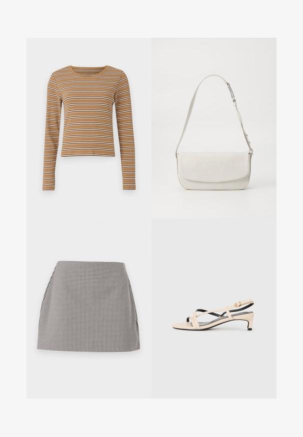 Bluză lungă, maro, cu mâneci lungi, cu dungi orizontale albe și maronii închise, textură striată și decolteu rotund, având un design scurt.; Fustă în carouri alb-negru, cu croială dreaptă, laterale pliate și textură netedă. Materialul are un model cu carouri mici.; Sandale slingback din piele bej, cu bretele încrucișate, toc jos și accente negre. Textură netedă și design minimal.; Geantă de umăr din piele albă, cu o finisare netedă, formă rectangulară, închidere cu clapetă și curea ajustabilă. Detaliu simplu de cusătură.