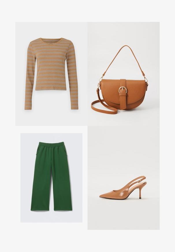Brown long-sleeve top with horizontal white and dark brown stripes, ribbed texture, and a rounded neckline, featuring a cropped design.; Green wide-leg pants made of soft fabric, featuring an elastic waistband and side pockets for practical use. No visible patterns or hardware.; Pointed toe slingback heel in a smooth, glossy tan material. Features a curved cutout design and a slender stiletto heel. Silver buckle detail.; Brown leather crossbody bag with a curved shape, gold hardware, and a buckle accent. Features a detachable shoulder strap.