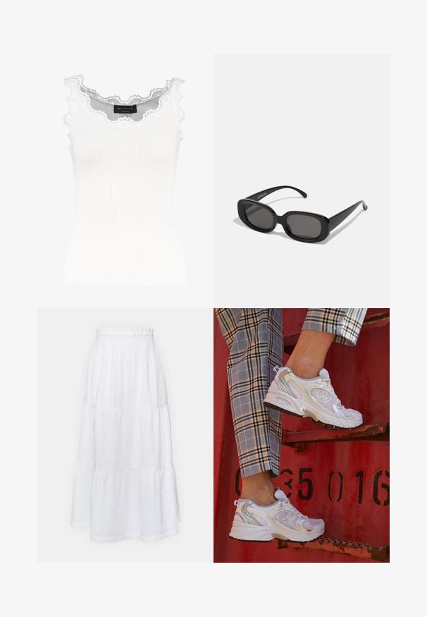 Camisola branca de alças com detalhe de renda na gola e nas mangas. Apresenta uma textura suave e um formato ajustado. Etiqueta da marca visível no interior.; GAP PULL ON SKIRT - Saia comprida - off white; Sapatilhas brancas em malha com detalhes em prata e uma sola texturizada, posicionadas sobre uma superfície vermelha, combinadas com calças à quadrados.; Óculos de sol retangulares pretos com lentes escuras. Armação de plástico grosso, textura suave e bordas arredondadas. As hastes elegantes extendem-se para fora.