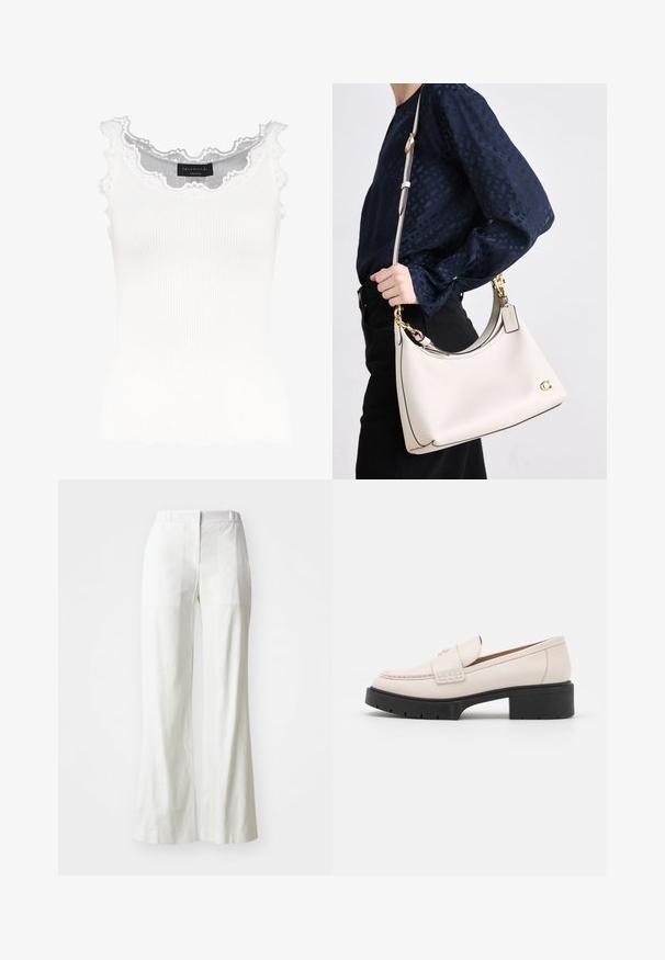 Valge sooniktop lace äärisega kaelusel ja varrukatel. Omab pehmet tekstuuri ja lähedast lõiget. Brändi silt on nähtav seestpoolt.; Valged, kõrge talje ja laiad püksid, mis on valmistatud kergest kangast. Omab lamedat esiosa, tagumisi taskuid ja minimalistlikku disaini.; Heled paar heleda beezžilederist valmistatud mokassiinide, millel on õmmeldud esiosa ja tekstureeritud must platvormkonts. Omab kaardus disaini ja kerget tõstet.; Beežist nahkhandi tumedate servadega, kõver siluett, kuldne riistvara ja eemaldatav rihm, hoitakse külje peal tumeda riietuse vastu.