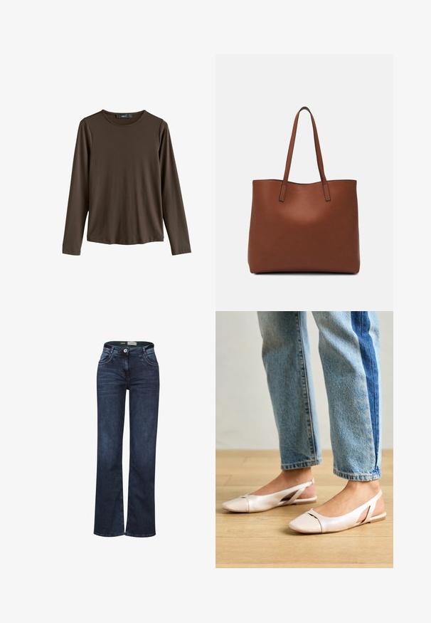 Camisa de manga larga marrón, hecha de una tela suave. Presenta un cuello redondo y un dobladillo recto, sin patrones o acentos visibles.; Jeans de mezclilla azul oscuro con un diseño acampanado, que cuentan con bolsillos frontales, cierre de botón y cremallera, y detalles de costura en contraste.; Bailarinas de color rosa pálido con tiras traseras y punta puntiaguda, fabricadas con un material similar al cuero suave. Presentan detalles recortados en los laterales y un tacón plano.; Bolso tote de cuero marrón con una textura suave, diseño de apertura superior y dos correas para el hombro. Presenta una costura mínima y sin herrajes visibles.