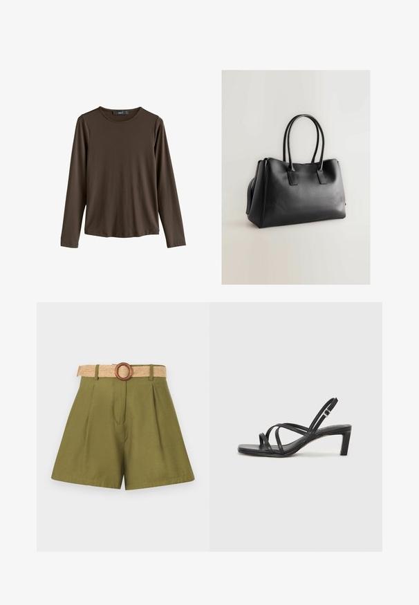 Cămașă lungă maro cu mâneci lungi, realizată dintr-un material neted. Prezintă un guler rotund și o margine dreaptă, fără modele sau accente vizibile.; Șorturi verzi măslinii cu pliuri, prezentând un centură din paie țesută și cataramă din inel din lemn. Textură netedă, design croit cu linii curate.; Sandal cu barete negre, cu vârf pătrat și toc mic de bloc. Prezintă mai multe barete subțiri și o bareta ajustabilă la gleznă. Fabricat din piele netedă.; Geantă tote din piele ecologică neagră, cu mânere lungi duale, formă structurată, textură netedă și design minimalist. Fără hardware sau accente vizibile.