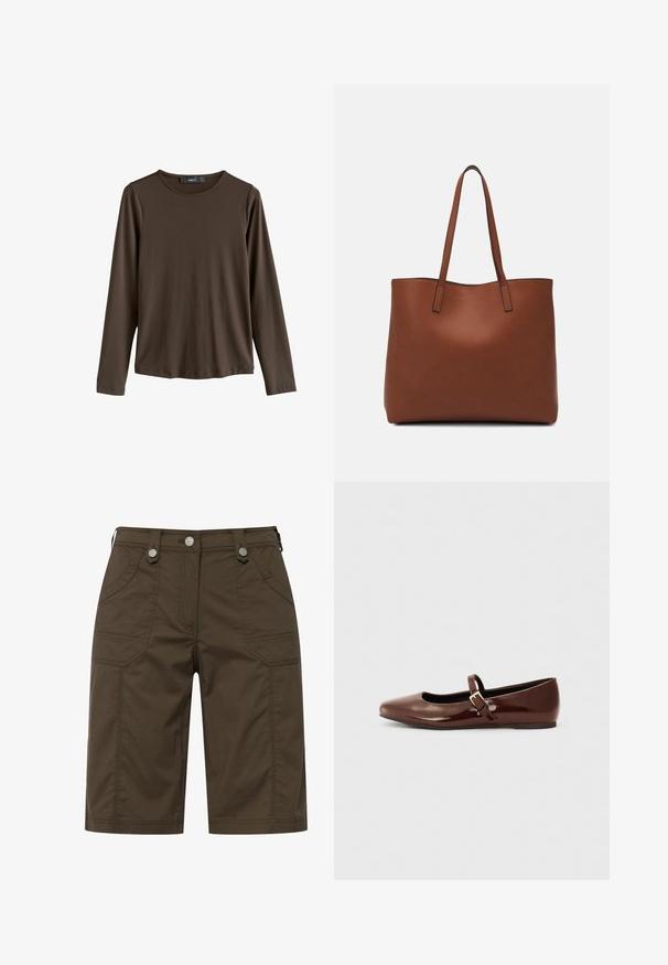 Camicia marrone a maniche lunghe realizzata in un tessuto morbido. Presenta un collo rotondo e un orlo dritto, senza motivi o dettagli visibili.; Pantaloni corte di tessuto marrone con due tasche frontali e due tasche posteriori, arricchiti da accessori in metallo argentato in vita. Design a taglio dritto.; Ballerine in pelle verniciata marrone con punta quadrata e cinturino dotato di una piccola fibbia dorata. Texture liscia, tacco basso e design minimalista.; Borsa tote in pelle marrone con texture liscia, design con apertura superiore e due spallacci. Presenta cuciture minime e nessun hardware visibile.