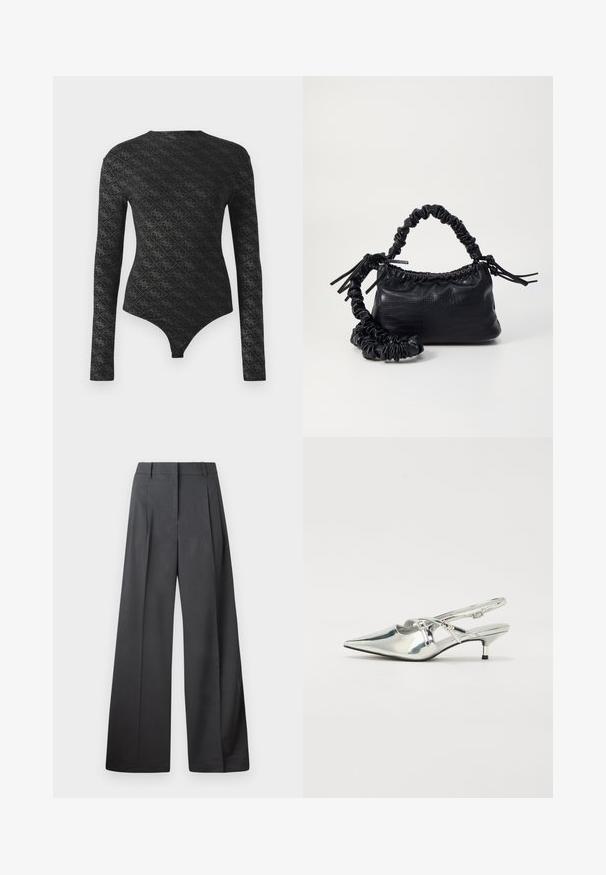 Black long-sleeve fitted bodysuit with a diamond and small floral pattern, featuring a round neckline and thong-style bottom.; Wide-leg trousers in dark gray fabric, featuring a high waist, single pleats, and a smooth texture with a clean finish at the hems.; Silver metallic slingback shoes with a pointed toe, low kitten heel, and strap detailing across the front. Smooth, glossy surface.; Black faux leather handbag with a crocodile texture, cinched top, and a scrunched strap. Appears soft and compact in design.