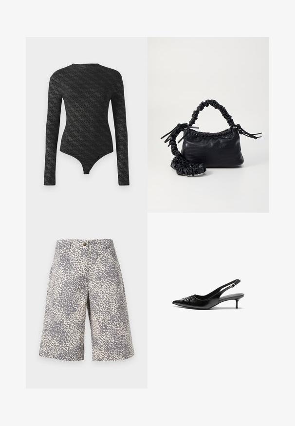 Juodas ilgas rankoves prigludęs bodis su deimantų ir mažų gėlių raštu, su apvaliu iškirpimu ir thong tipo apačia.; Kedro pieštukų rašto šortai šviesiai kreminės ir pilkos spalvos, su mygtuko uždarymu ir pritaikytu dizainu, glotnia tekstūra ir iki kelių ilgiu.; Juodos odinės slingback aukštakulniai su smailiu nosiu, mažais katės kulnais ir dekoratyvine mazgo detale priekyje. Visas paviršius lygus.; Juodas dirbtinės odos rankinė su krokodilo tekstūra, sušnibždinta viršuje ir susikraipytu dirželiu. Atrodo minkšta ir kompaktiška.