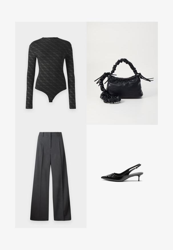 Svart langermet tettsittende bodysuit med diamanter og små blomster mønster, med rund hals og truse-lignende bunn.; Vide bukser i mørkegrått stoff med høy livlinje, enkel press, og en glatt tekstur med en ren finish på ermekantene.; Sorte skinnert remsandaler med spiss tå, liten kittenhæl og en dekorativ knute detalj foran. Glatt tekstur gjennom hele.; Svart faux skinn-håndveske med krokodilletekstur, strammet topp og en rynket stropp. Ser myk og kompakt ut i designen.