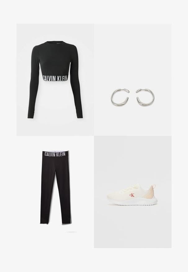 Top nero a maniche lunghe corto con collo alto e banda con logo "Calvin Klein" bianca attorno alla vita.; Leggings neri con logo "CALVIN KLEIN" bianco sulla cintura. Materiale liscio, design aderente, con dettagli in rete alle caviglie.; Sneakers bianchi in rete con superficie texturizzata, dettagli beige chiaro, suola bianca rialzata e logo rosso "CK" sul lato.; Orecchini a cerchio in argento con un design liscio e arrotondato e una finitura lucida e elegante. Presentano una forma minimalista con una leggera apertura.