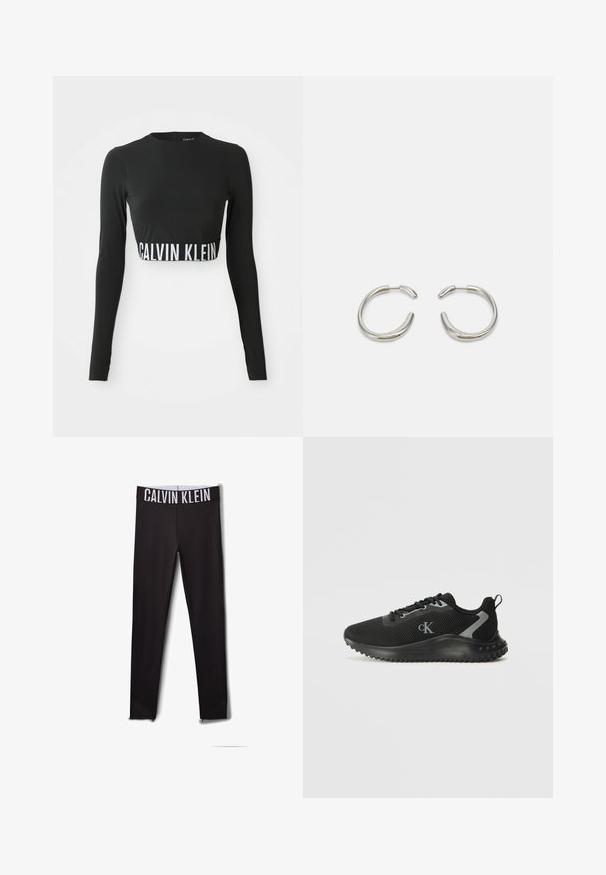 Top corto negro de manga larga con cuello alto y banda con el logo en blanco de "Calvin Klein" alrededor de la cintura.; Leggings negros con un logo blanco de "CALVIN KLEIN" en la cintura. Material suave, diseño ajustado, con acentos de malla en los tobillos.; Zapatilla atlética baja negra con malla transpirable, diseño con cordones, suela texturizada y logo "cK" en el lateral.; Pendientes de aro de plata con un diseño suave y redondeado y un acabado pulido y elegante. Presentan una forma minimalista con una ligera abertura.