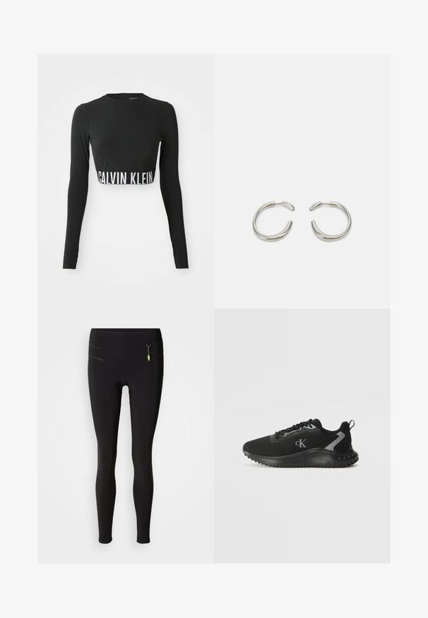 Fekete, hosszúujjú, cropped top magas nyakkal és fehér "Calvin Klein" logós szalaggal a derékon.; Fekete leggings elasztikus anyagból, magas derékos kivitelben, sárga kiemelésekkel ellátott cipzáras zsebekkel és sima textúrával.; Fekete, alacsony szárú sportcipő, lélegző hálós anyagból, fűzős kivitel, texturált talppal és oldalon található "cK" logóval.; Ezüst gyűrű fülbevalók sima, lekerekített formával és fényes, polírozott felülettel. Minimalista alakjukkal és enyhe nyitással rendelkeznek.
