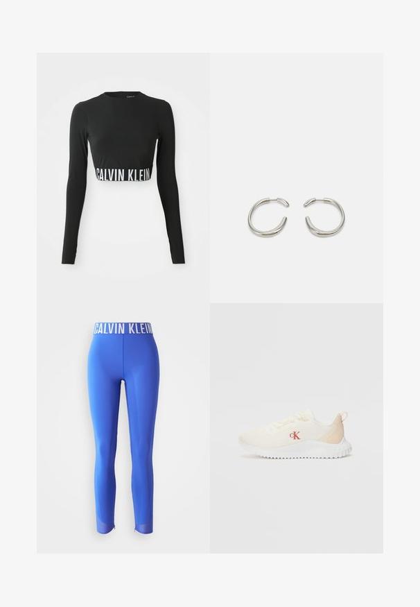 Melna garlaiciņu apgriezta augšdaļa ar augstu kakla izgriezumu un balto "Calvin Klein" logo gumiju ap vidu.; Zilas aktīvās legingi, izgatavoti no gludas auduma, ar plašu balto logotipa jostu un acu sietu akcentiem apakšējā daļā ar rāvējslēdzējiem.; Balti sieta sporta apavi ar teksturētu virsmu, gaiši bežām akcentiem, paceltu baltu zoli un sarkanu "CK" logo sānos.; Sudraba riņķveida auskari ar gludu, noapaļotu dizainu un spīdīgu, pulētu apdari. Raksturīga minimālisma forma ar nelielu atvērumu.