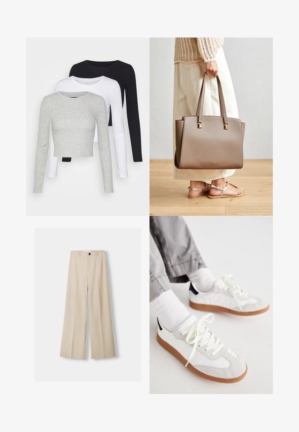 Even&Odd Petite 3 PACK - Top dugih rukava - black/white/mottled grey; Bež hlače širokih nogavica s glatkom teksturom, koje imaju prednje zatvaranje na gumb i dva bočna džepa. Krojena izrada i naborani prednji detalj.; Bijele i sive atletske cipele od anilinske kože i kože. Imaju gumeni potplat i dizajn s vezicama, s naglaskom na tamni detalj na peti.; Smeđa sintetička torba s dva dugačka ručka, kvadratnim metalnim detaljima i suptilnim logotipom. Nošena uz svijetlosvijetlu suknju i sandale.