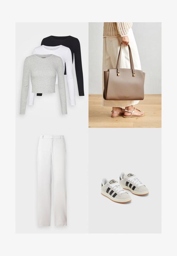 Even&Odd Petite 3 PACK - Pikkade varrukatega topp - black/white/mottled grey; Valged sirged püksid, valmistatud siledast kangast. Omavad külgpüsse ja puhta vöökoha disaini. Minimalistlik ja neutraalne välimus.; Hallid hallid nahkrennid valgete paeltega, mustade triipudega ja valge kummitaldiga. Omab ümmargust logo keeles ja kummitalda.; Pruun sünteetiline kott kahe pika käepideme, neljakandiliste metallaktsentide ja peene logoga. Kandmiseks kerge kreemika seelikuga ja sandalettega.