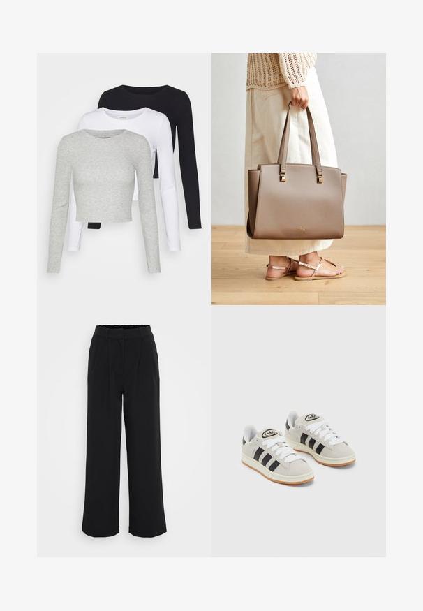 Even&Odd Petite 3 PACK - Topper langermet - black/white/mottled grey; Sorte vide bukser laget av et glatt stoff, med plisserte detaljer foran, elastisk linning, og uten synlige lommer eller metallkomponenter.; Grå semsket sneakers med hvite lisser, svarte striper og en hvit gummisåle. Har en sirkulær logo på tungen og en gummisåle.; Brun syntetisk tote-veske med to lange håndtak, firkantede metall aksenter og en subtil logo. Båret med et lysecrème skjørt og sandaler.