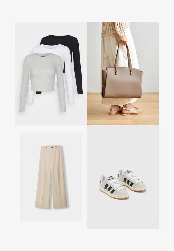 Even&Odd Petite - Bluzka z długim rękawem; Beżowe spodnie o szerokich nogawkach o gładkiej fakturze, z zamknięciem na guzik z przodu i dwoma bocznymi kieszeniami. Dopasowany krój oraz plisowane detale z przodu.; Szare zamszowe trampki z białymi sznurówkami, czarnymi paskami i białą gumową podeszwą. Posiadają okrągłe logo na języku oraz gumową podeszwę.; Brązowa syntetyczna torba na ramię z dwoma długimi uchwytami, kwadratowymi metalicznymi akcentami i subtelnym logo. Noszona z jasną spódnicą w kolorze kremowym i sandałami.