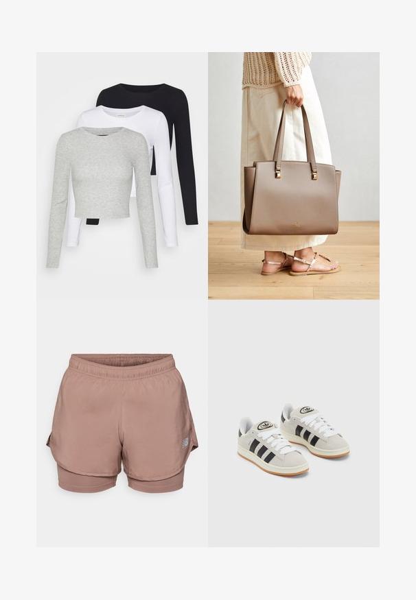 Even&Odd Petite 3 PACK - Camiseta de manga larga - black/white/mottled grey; Los pantalones cortos deportivos de color rosa claro cuentan con una cintura elástica, un diseño en capas y un detalle de logo reflectante en el lateral. Tejido suave.; Zapatillas de ante gris con cordones blancos, rayas negras y suela de goma blanca. Presentan un logo circular en la lengüeta y una suela de goma.; Bolso tote sintético marrón con dos asas largas, acentos metálicos cuadrados y un logo sutil. Combinado con una falda crema clara y sandalias.