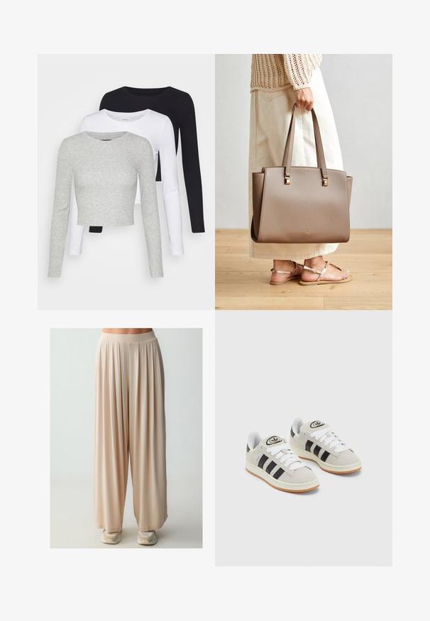 Even&Odd Petite 3 PACK - Longsleeve - black/white/mottled grey; Beige wijde broek met een zachte, vloeiende textuur en een comfortabele elastische tailleband, met een losse pasvorm en subtiele draping.; Grijze nubucklederen sneakers met witte veters, zwarte strepen en een witte rubberen zool. Bevat een rond logo op de tong en een gumzool.; Bruine synthetische tote bag met twee lange handvatten, vierkante metalen accenten en een subtiel logo. Draagt bij een licht crèmekleurige rok en sandalen.