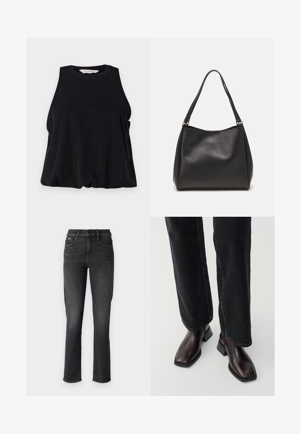 Črna brezrokavnik iz mehkega materiala, z okroglim izrezom in ohlapnim krojem, ki se nežno spušča na robu. Brez vidnih vzorcev ali dodatkov.; Črne jeans hlače s ravnim krojem, ki imajo standarden pas, pet žepov in subtilne detajle na šivanju.; Rjavi usnjeni gležnjarji s kvadratnim nosom in blok peto, v kombinaciji s črnimi širokimi hlačami. Gladka textura in minimalističen dizajn.; Črna sintetična usnjena torbica z mehko teksturo, hobo oblika in dvojni naramnici; ima sijajni zaključek in minimalističen dizajn.