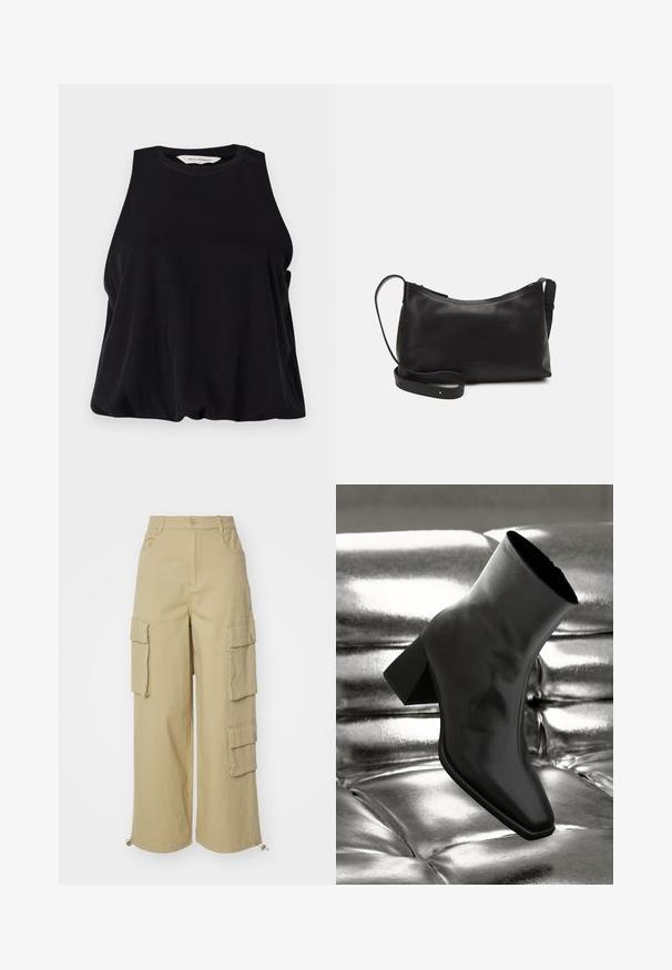 Crna majica bez rukava napravljena od mekog materijala, s okruglim izrezom i labavim krojem koji se blago drapira na rubu. Nema vidljivih uzoraka ili akcenata.; Bež kargo hlače s širokim nogavicama, dva velika bočna džepa, prednja džepa i detaljem s vezicom na rubu. Mješavina pamučnog materijala.; Crni gležnjača napravljena od sjajnog materijala sa četvrtastim vrhom i suženom petom, postavljena protiv srebrne sjajne pozadine sa nabranim uzorkom.; Crna kožna torba na rame s glatkom teksturom, zakrivljenim oblikom, podesivim remenom i zatvaranjem na patentni zatvarač. Minimalistički dizajn bez ukrasa.