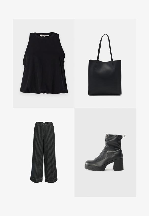 Juodas be rankovių viršus, pagamintas iš minkštos medžiagos, su apvaliu iškirpimu ir laisvu siluetu, kuris švelniai krinta ties apačia. Nėra matomų raštų ar akcentų.; Juodai baltos dryžuotos plačios kelnių su sagos uždarymu, turinčios laisvą siluetą ir kontrastingą siuvimą apatiniame krašte.; Juodos kulkšninių botai, pagaminti iš lygaus odos, su šoniniu užtrauktuku, masyviu tekstūruotu kulnu ir apvaliu pirštu.; Juodas odinis tote krepšys su lygia tekstūra, stačiakampio formos ir dviem ilgais rankenomis. Matomų metalinių detalių ar puošybos nėra.