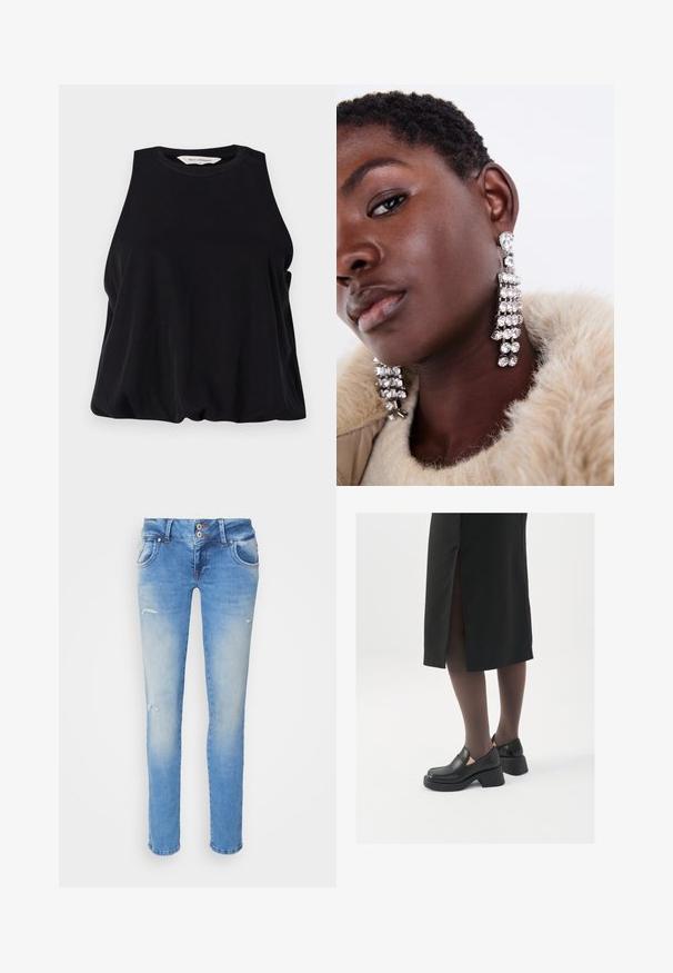 Mustat hihattomat paito, joka on valmistettu pehmeästä kankaasta. Tässä on pyöreä kaulus ja löysä istuvuus, joka laskeutuu helposti helmaan. Ei näkyviä kuvioita tai koristeita.; Siniset farkut, joissa on slim fit -leikkaus, hienoisesti kuluneet, kahdella etutaskulla ja vähäisiä kulutettuja yksityiskohtia polvien lähellä.; Mustat nahkakengät pyöreällä kärjellä, paksulla lohkopohjalla ja joustavilla sivuakkesseilla, yhdistettynä tummiin sukkahousuihin ja mustaan hameeseen, jossa on halkio.; Hopeahkakset, joissa on useita kirkaita rhinestoneja, joissa on vesiputoustyyppinen muotoilu ja teksturoitu pinta, neutraalia taustaa vasten.