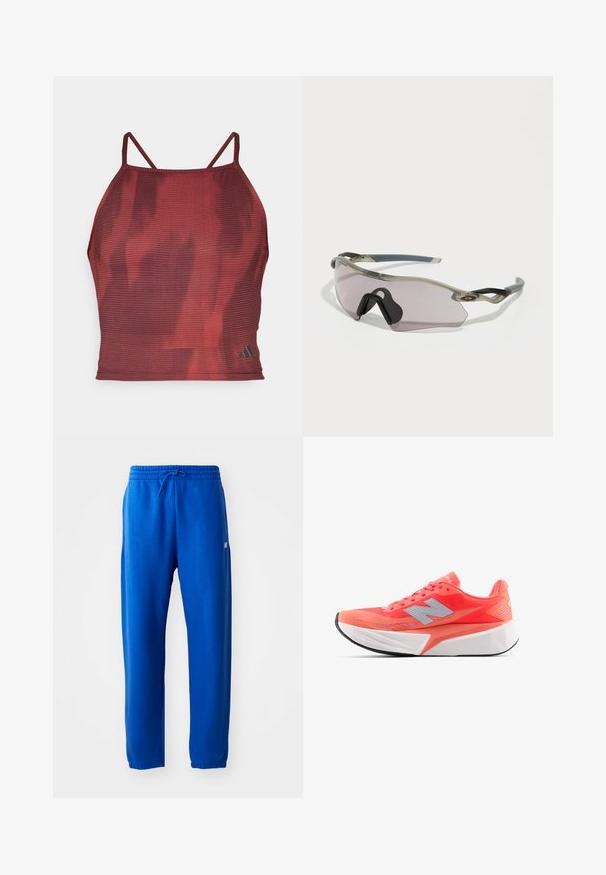 Débardeur de sport court texturé rouge avec de fines bretelles et un motif subtil. Affiche un petit logo noir en bas à droite.; Pantalon de sport bleu en tissu doux, doté d'une taille élastique avec cordon de serrage, de jambes fuselées et d'un petit logo sur le côté.; Chaussure de course légère en corail vif avec haut en mesh et logo argenté. Semelle intermédiaire blanche texturée distincte et semelle extérieure en caoutchouc noir.; Lunettes de soleil avec une monture grise translucide, des verres teintés et un design angulaire. Elles présentent une pièce nasale distinctive et des branches de temple texturées en gris foncé.