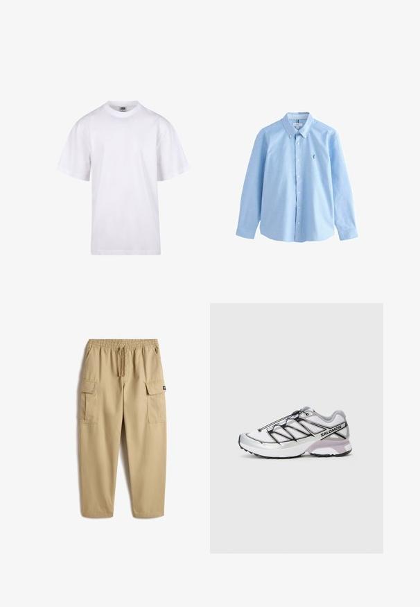 Camiseta blanca de algodón con cuello redondo, mangas cortas y un corte relajado. Presenta un diseño liso sin patrones ni detalles.; Camisa de botones de manga larga de color azul claro, hecha de algodón, con un cuello clásico, que presenta un pequeño logo bordado en el lado izquierdo del pecho.; Pantalones cargo beige con cintura elástica y cordón. Cuenta con dos bolsillos laterales y dos grandes bolsillos cargo en los muslos. Tejido suave.; Zapatilla de correr con una parte superior de malla blanca ligera, acentos plateados y sistema de cordones negro; cuenta con una suela texturizada para mayor tracción.
