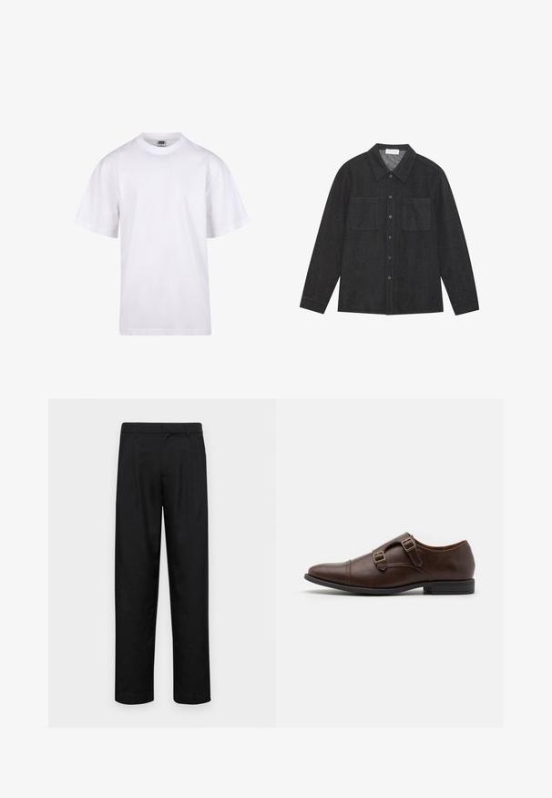 Camiseta blanca de algodón con cuello redondo, mangas cortas y un corte relajado. Presenta un diseño liso sin patrones ni detalles.; Camisa gris oscuro hecha de tejido texturizado, con cuello tipo punta, cierre de botones al frente y dos bolsillos en el pecho. Mangas largas con puños abotonados.; Pantalones negros de tela suave, con un diseño de pierna recta, dos pliegues frontales y una cintura estándar con trabillas para el cinturón.; Zapato de vestir de cuero marrón con punta afilada, que presenta dos hebillas ajustables y un diseño elegante y de bajo perfil. Suela plana de goma negra.