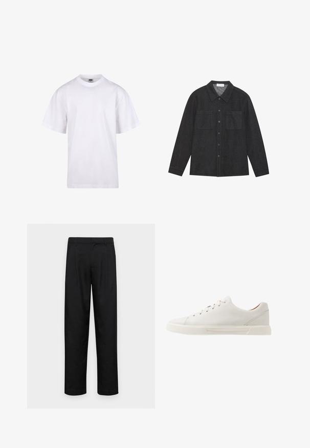 Hvit bomulls t-skjorte med rund hals, korte ermer og avslappet passform. Har et ensfarget design uten mønstre eller detaljer.; Mørk grå skjorte laget av teksturert stoff, med spiss krage, knappelukking foran og to brystlommer. Lange ermer med knappede mansjetter.; Sorte bukser laget av glatt stoff, med rette ben, to frontfoldninger og standard liv med beltehemper.; Hvite skinn sneakers med flat snøring, rund tå og glatt tekstur. Har gummisåle med minimale detaljf Super enkelt.