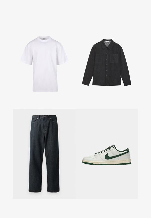 White cotton t-shirt with a crew neckline, short sleeves, and a relaxed fit. Features plain design without patterns or accents.; Dark gray shirt made of textured fabric, featuring a pointed collar, button front, and two chest pockets. Long sleeves with buttoned cuffs.; Dark denim jeans with a straight-leg design, featuring a traditional five-pocket layout and a metal button closure at the waist.; White low-top sneaker with dark green Nike swoosh, laces, and sole accents, shown in profile on a plain white background.