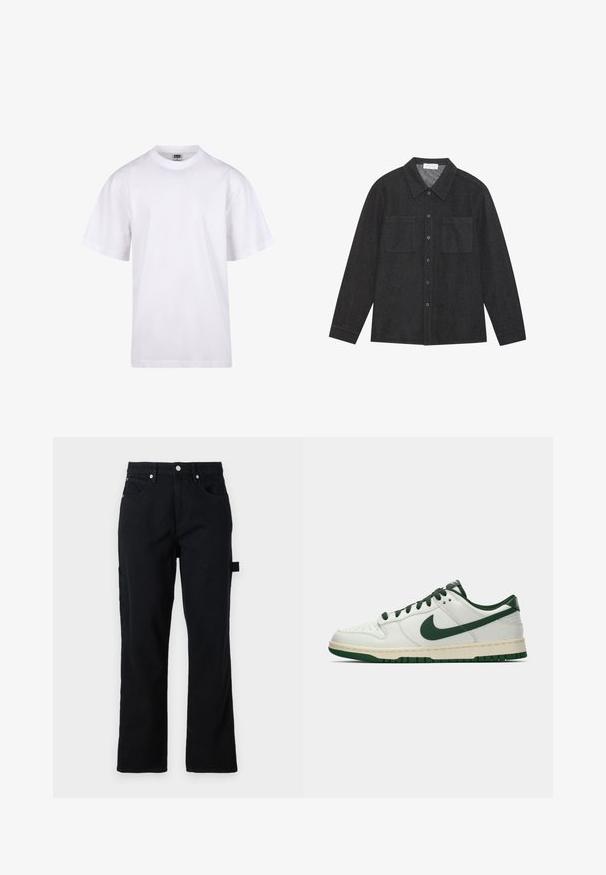 Valge puuvillane t-särk ümmarguse kaeluse, lühikeste varrukate ja lõdva lõikega. Omab lihtsat disaini ilma mustrite või aktsendita.; Tumehall särk, mis on valmistatud tekstuurilisest kangast, millel on terav krae, nööpide eesmine osa ja kaks rinna taskut. Pikailevusega varrukad, millel on nööpidega mansetid.; Mustad teksapükse otsekärbega, ees taskud ja taga kinnituslingi taskud. Kätkeb hõbedast riistvara ja külgkonksude detaili funktsionaalsuse tagamiseks.; Valge madalate tossudega, millel on tumeroheline Nike Swoosh, paelad ja tallakatted, esitatud külgmises vaates ühtlasel valgel taustal.