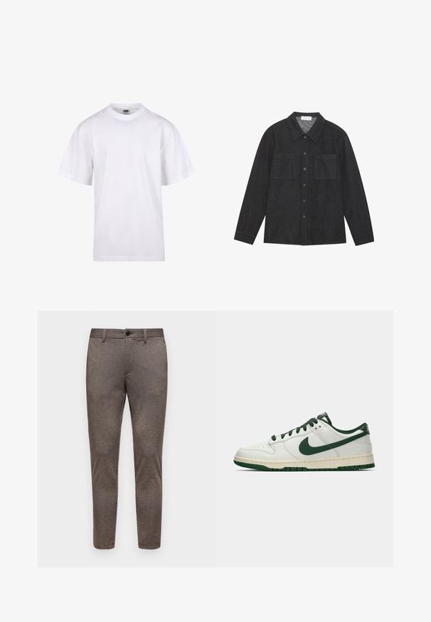 Biała bawełniana koszulka z okrągłym dekoltem, krótkimi rękawami i luźnym krojem. Posiada prosty design bez wzorów czy akcentów.; Ciemnoszara koszula z teksturowanej tkaniny, z kołnierzykiem w szpic, zapięciem na guziki i dwiema kieszeniami na piersi. Długie rękawy z guzikiem na mankietach.; Brązowe spodni w kratę o slim fit. Posiadają gładki przód, zapięcie na guzik oraz subtelną teksturę. Zwężające się nogawki bez widocznych akcentów.; Białe sneakersy niskie z ciemnozielonym logo Nike, sznurowadłami i akcentami na podeszwie, pokazane z profilu na jednolitym białym tle.