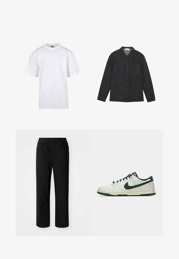 Weißes Baumwoll-T-Shirt mit Rundhalsausschnitt, kurzen Ärmeln und lockerer Passform. Hat ein schlichtes Design ohne Muster oder Akzente.; Dunkelgraues Hemd aus strukturierter Stoff, mit spitzem Kragen, Knopfleiste und zwei Brusttaschen. Lange Ärmel mit knöpfbaren Manschetten.; Schwarze Baumwollhose mit lockerer Passform, elastischem Taillenbund, zwei Fronttaschen und geradem Bein. Glatte Textur ohne sichtbare Muster.; Weiße Low-Top-Sneaker mit dunkelgrüner Nike-Swoosh, Schnürsenkeln und Akzenten an der Sohle, im Profil auf einem schlichten weißen Hintergrund abgebildet.