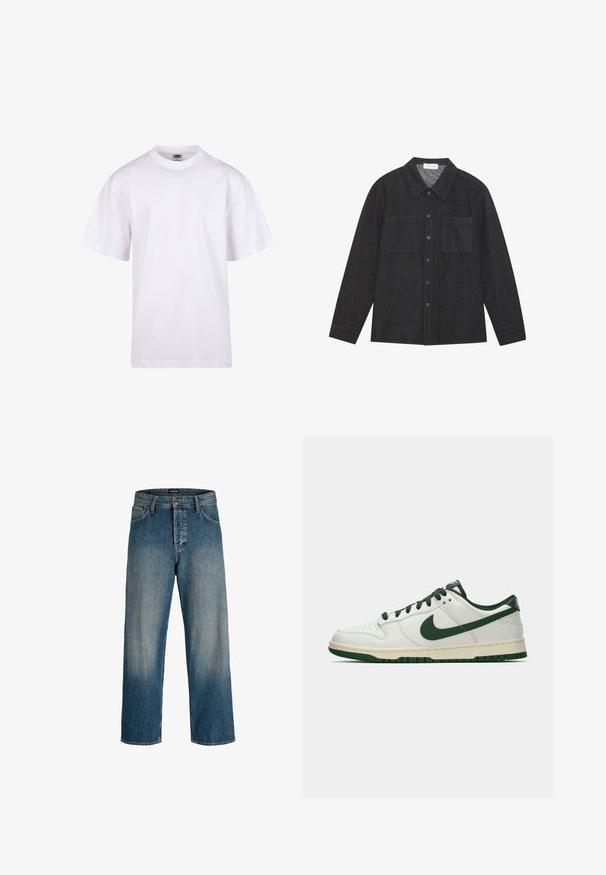 Hvit bomulls t-skjorte med rund hals, korte ermer og avslappet passform. Har et ensfarget design uten mønstre eller detaljer.; Mørk grå skjorte laget av teksturert stoff, med spiss krage, knappelukking foran og to brystlommer. Lange ermer med knappede mansjetter.; Blå denimjeans med en avslappet passform, rett ben-design, subtil lys fading og et merket midjebånd for detaljer.; Hvit lav sneaker med mørkegrønn Nike swoosh, snøring og såleakkenter, vist i profil mot en enkel hvit bakgrunn.