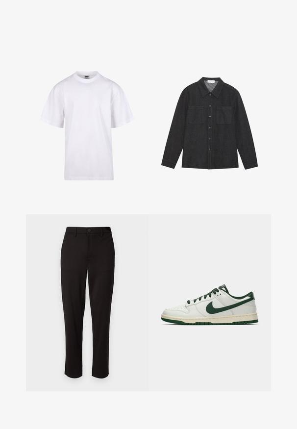 T-shirt en coton blanc avec un col rond, des manches courtes et une coupe décontractée. Présente un design uni sans motifs ni accents.; Chemise gris foncé en tissu texturé, avec un col pointu, une fermeture à boutons sur le devant et deux poches poitrine. Manches longues avec poignets à boutons.; Pantalon noir en tissu léger, avec une coupe droite, fermeture à bouton à l'avant, passants de ceinture et poches latérales.; Baskets basses blanches avec un swoosh Nike vert foncé, des lacets et des accents de semelle, présentées en profil sur un fond blanc uni.