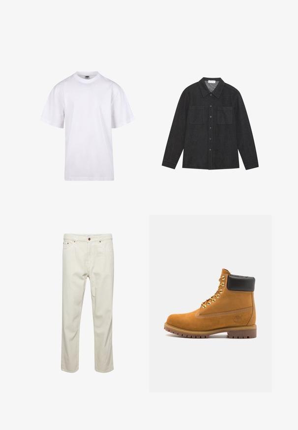 Biała bawełniana koszulka z okrągłym dekoltem, krótkimi rękawami i luźnym krojem. Posiada prosty design bez wzorów czy akcentów.; Ciemnoszara koszula z teksturowanej tkaniny, z kołnierzykiem w szpic, zapięciem na guziki i dwiema kieszeniami na piersi. Długie rękawy z guzikiem na mankietach.; Beżowe bawełniane spodnie o prostym kroju, pięć kieszeni, zapięcie na guzik i subtelne detale w szwach. Równomierna tekstura bez widocznych wzorów.; Beżowe zamszowe botki sięgające kostki z czarną wyściełaną krawędzią, złotymi oczkami, białymi detalami szycia oraz wytrzymałą gumową podeszwą z wyraźnym bieżnikiem.