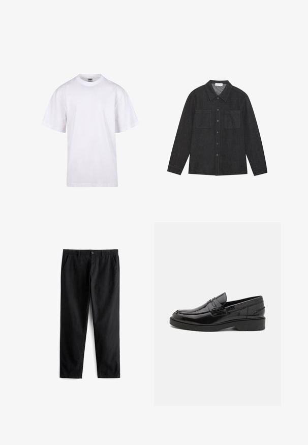 Balts kokvilnas T-krekls ar apaļu kakla izgriezumu, īsām piedurknēm un brīvu piegriezumu. Tam ir vienkāršs dizains bez rakstiem vai akcentiem.; Tumši pelēks krekls, kas izgatavots no struktūrētas auduma, ar norādītu apkakli, pogu priekšpusi un divām krūšu kabatām. Garas piedurknes ar pogām.; Melnas bikses, kas izgatavotas no izturīgas auduma, ar divām priekšējām kabatām, pogu aizdari, platu priekšpusi un taisnu kāju griezumu.; Melnas ādas loafers ar gludu apdari, noapaļotu purngalu, zemu papēdi un dekoratīvo izšuvumu gar priekšējo daļu. Gumijas outsole labai saķerei.