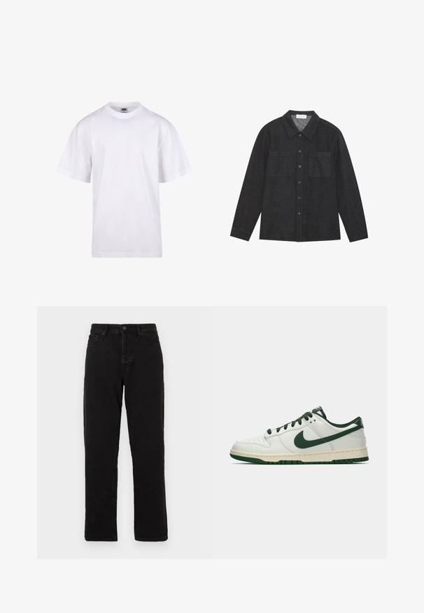T-shirt bianca in cotone con scollatura a girocollo, maniche corte e vestibilità rilassata. Presenta un design semplice senza motivi o accenti.; Camicia grigio scuro realizzata in tessuto testurizzato, con colletto a punta, chiusura con bottoni e due tasche sul petto. Maniche lunghe con polsini abbottonati.; Jeans in denim nero con un design a gamba dritta, dotati di chiusura con bottone, passanti per cintura e styling classico a cinque tasche.; Sneaker bianco a bassa cima con swoosh Nike verde scuro, lacci e dettagli della suola, mostrato di profilo su uno sfondo bianco uniforme.