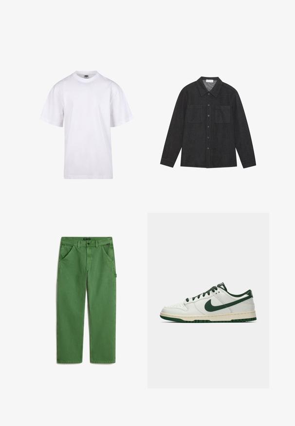 Valkoinen puuvillapaita, jossa on pyöreä kaula-aukko, lyhyet hihat ja rento leikkaus. Ominaisuuksina yksinkertainen muotoilu ilman kuvioita tai yksityiskohtia.; Tummanharmaa paita, joka on valmistettu rakenteellisesta kankaasta. Paidassa on terävä kaulus, napitettu etuosio ja kaksi rintataskua. Pitkät hihat napitettavilla hihoilla.; Vihreät puuvillahousut suoran lahkeen muotoilulla, joissa on etutaskut, sivutasku ja nappisulku vyötäröllä.; Valkoiset matalat tennarit, joissa tummanvihreä Nike-swoosh, nauhat ja pohjan korostukset, esitettynä profiilista yksinkertaisella valkoisella taustalla.